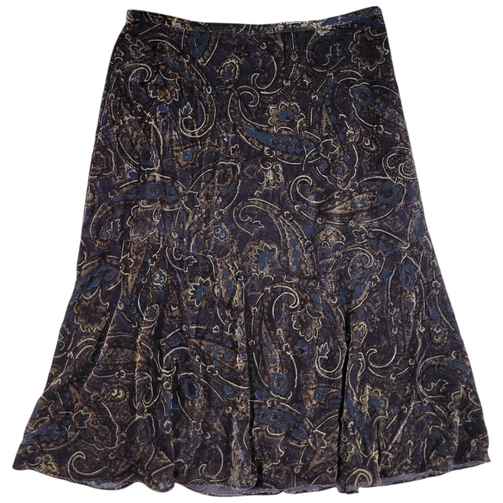Coldwater Creek Midi Skirt Womens 12 Brown Paisley Velvet Burnout A-Line Boho